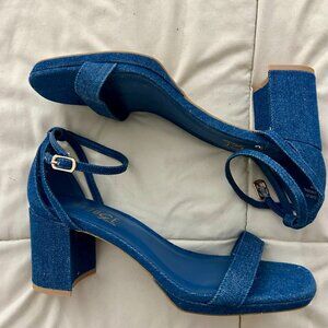 Rouge Helium Denim Block Heel Sandals – Ankle Strap, Size 9